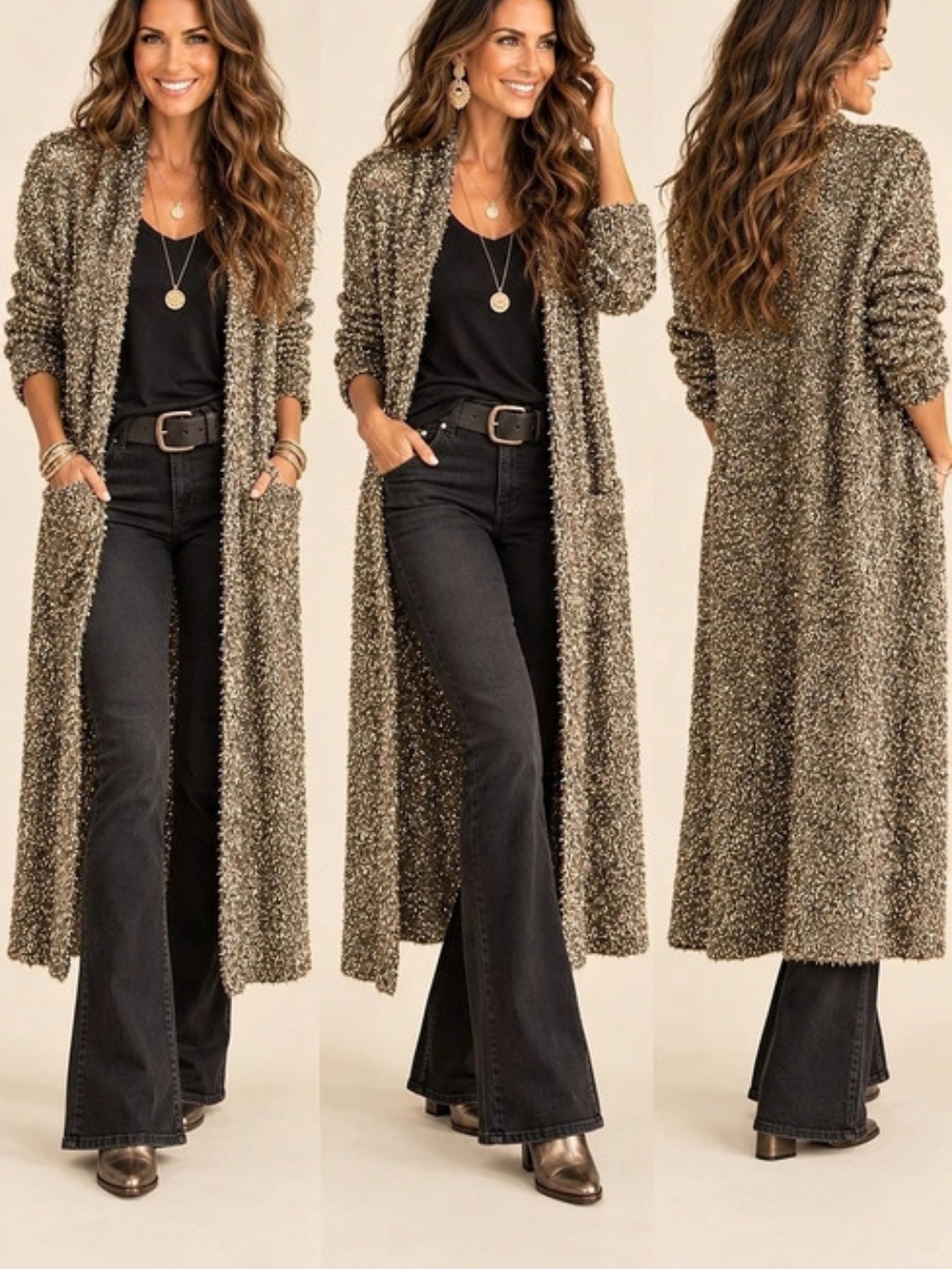 Akira For The Long Nights Knit Extra Long Cardigan Black & Gold Large